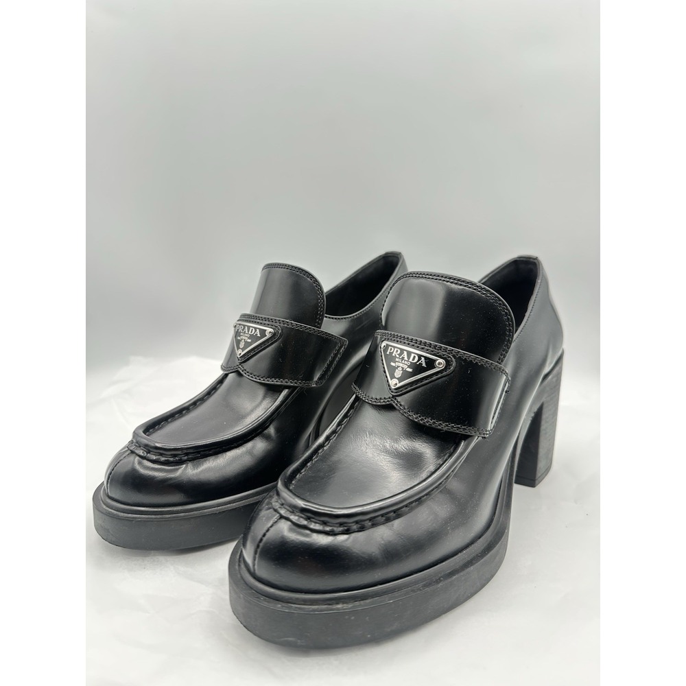 Prada Spazzolato Platform Heel Loafer — Black Nero — Size 8.5